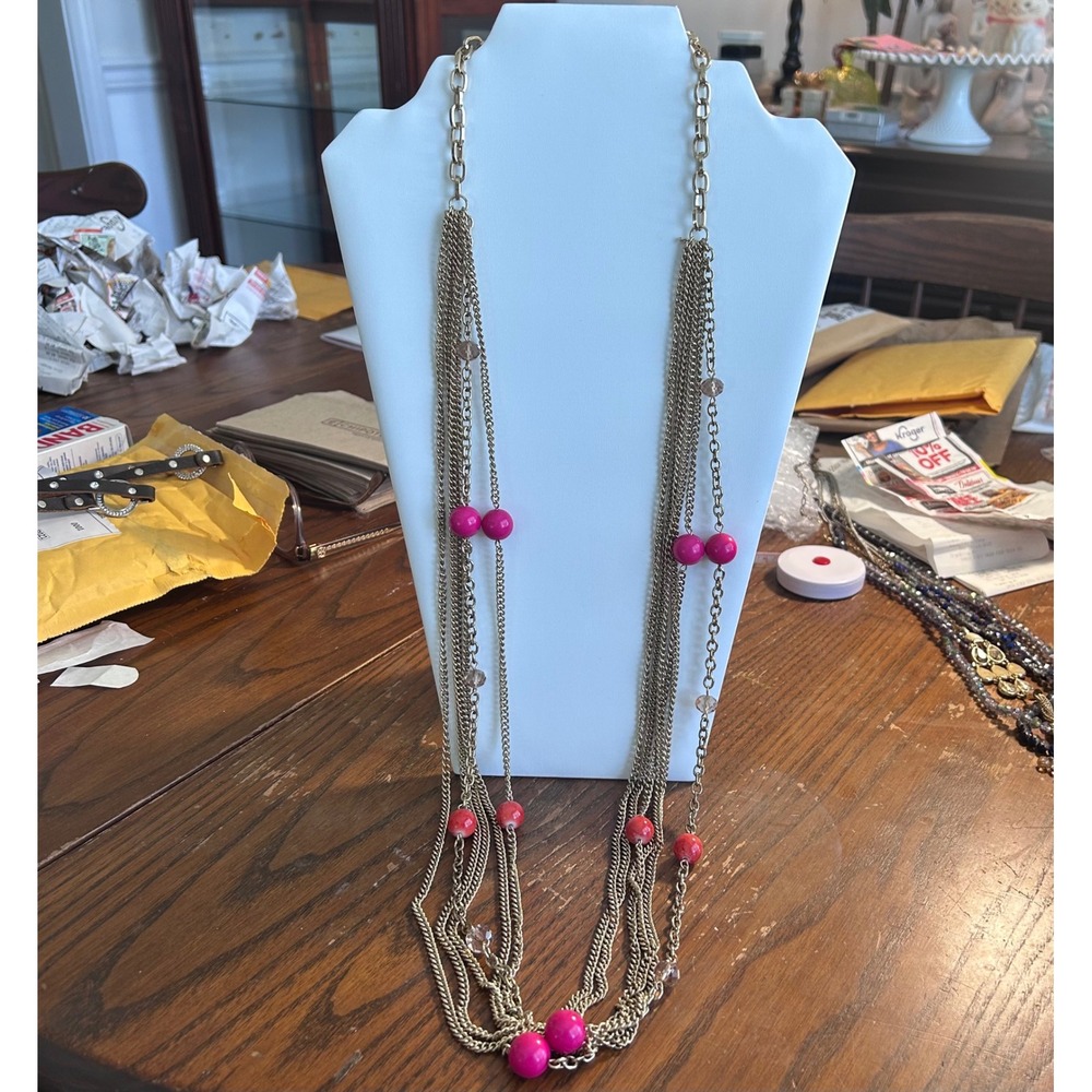 Fabulous Jules Multi Strand Layered Gold Tone Necklace Pink Coral Beads Boho NEW - Picture 2 of 6